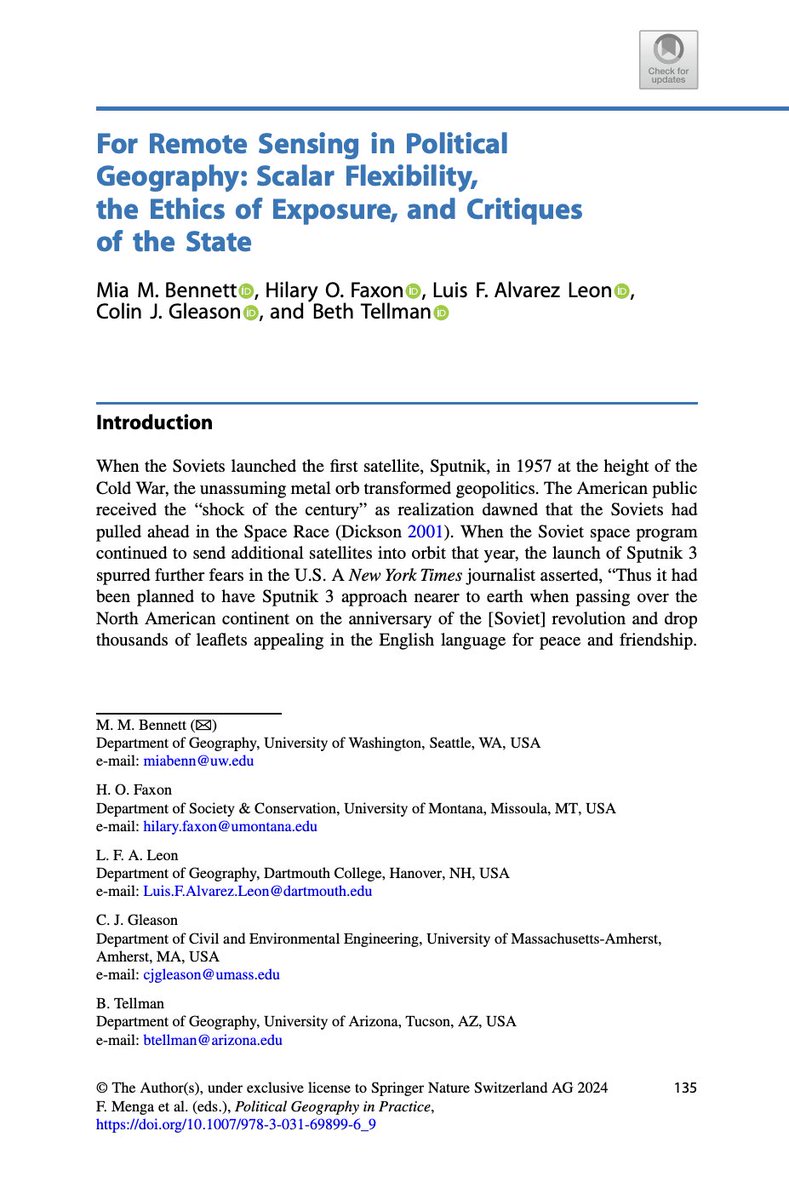 Mia Bennett (@cryopolitics) on Twitter photo Our chapter calling for #RemoteSensing in political geography is now out in a new edited volume convened by many of the editors of @Pol_Geog_Jl, incl <a href="/FilippoMenga/">Filippo Menga</a> & @DrKimPeters!
Co-authors 🎉 <a href="/hilaryfaxon/">Hilary Oliva Faxon</a> <a href="/lfalvarezleon/">Dr. Luis F. Alvarez León</a> <a href="/TheGeogrineer/">Colin Gleason</a> <a href="/pazjusticiavida/">Beth Tellman, Phd</a>
link.springer.com/book/10.1007/9… Our chapter calling for #RemoteSensing in political geography is now out in a new edited volume convened by many of the editors of @Pol_Geog_Jl, incl <a href="/FilippoMenga/">Filippo Menga</a> & @DrKimPeters!
Co-authors 🎉 <a href="/hilaryfaxon/">Hilary Oliva Faxon</a> <a href="/lfalvarezleon/">Dr. Luis F. Alvarez León</a> <a href="/TheGeogrineer/">Colin Gleason</a> <a href="/pazjusticiavida/">Beth Tellman, Phd</a>
link.springer.com/book/10.1007/9…