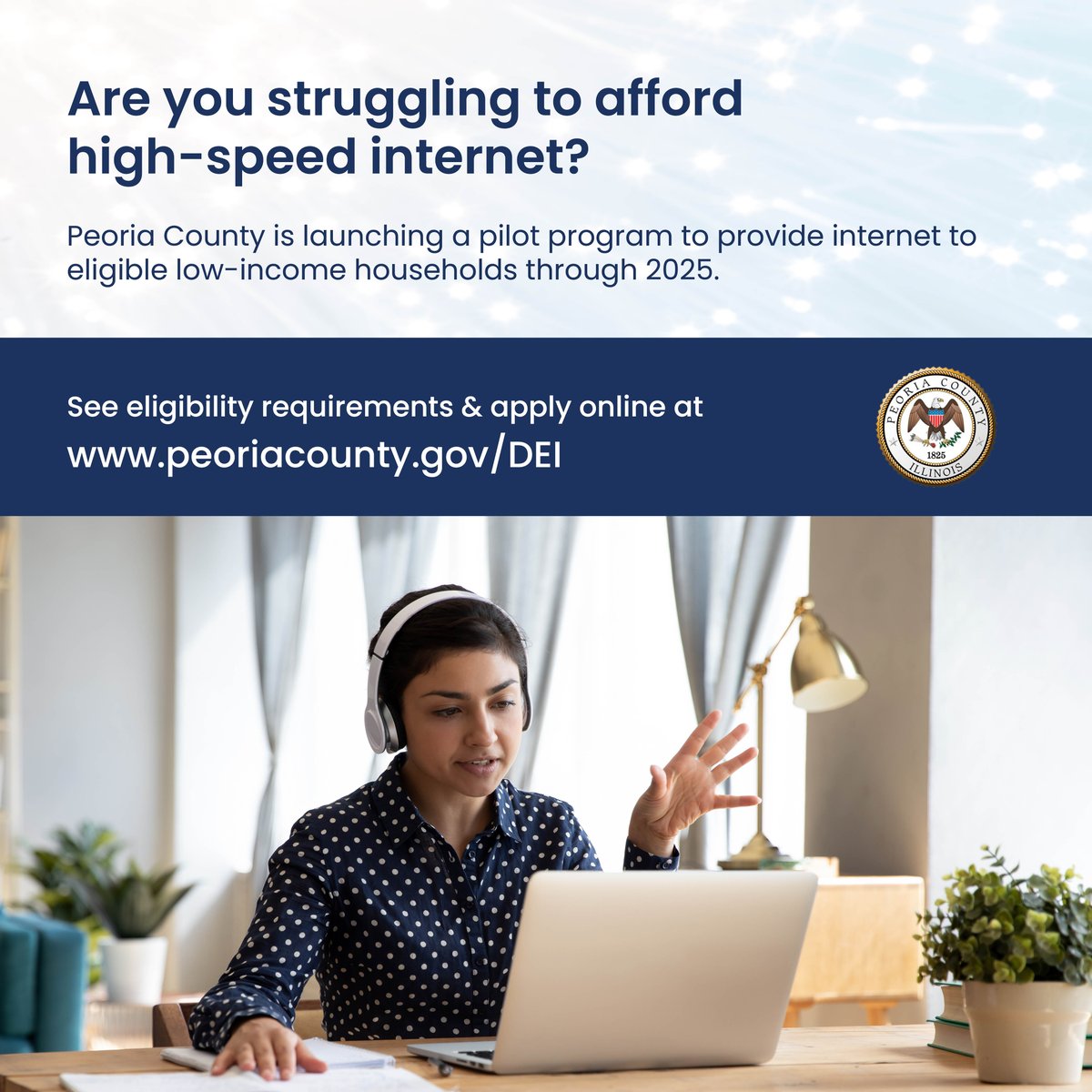 peoriacounty's tweet photo. Peoria County has launched a Digital Equity Pilot program to provide internet access to eligible low-income households for remote work, online learning, and telehealth services. The initiative is funded through a $125,000 grant from the IL DCEO: https://t.co/6Rd0AXEpmA https://t.co/c0ILIltKcV