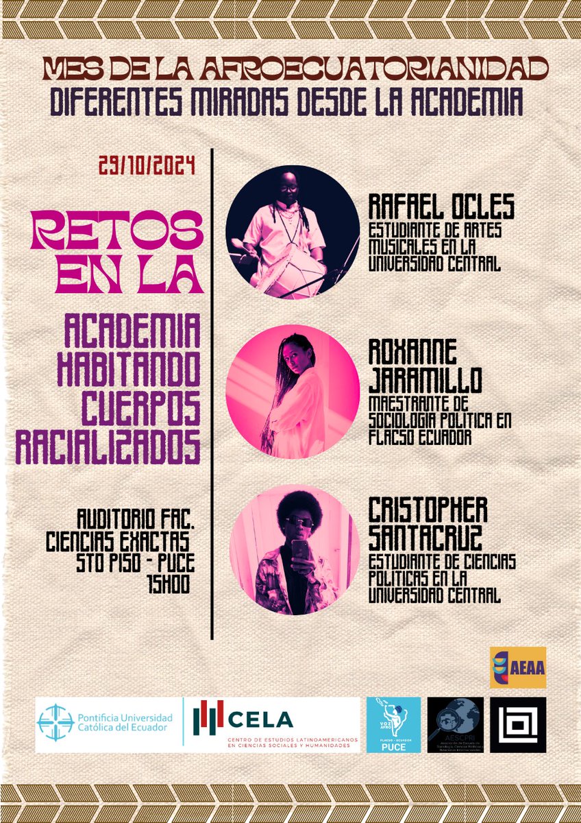 En el marco del mes de la afroecuatorianidad, seguimos con estas actividades, les esperamos en la PUCE o por zoom 

#CentrodeEstudiosLatinoamericanosdeCienciasSocialesyHumanidades de la PUCE tiene el agrado de invitar a todxs a participar en la conferencia