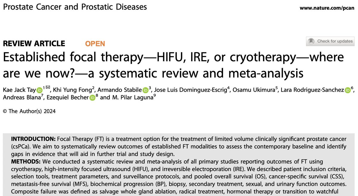 KaeJackTay's tweet photo. FT is a promising treatment option for limited volume prostate cancer that aims to treat the cancer while preserving quality of life, but does it live up to its hype? In @pcan_journal, we comprehensively review outcomes of established FT modalities - HIFU, IRE and Cryotherapy, and identify the scientific gaps that need to be bridged so that we can bring FT safely to our patients. https://t.co/4cGRN8GNG3 
@focalsociety @ArmandoStabile @Lara__Rodriguez