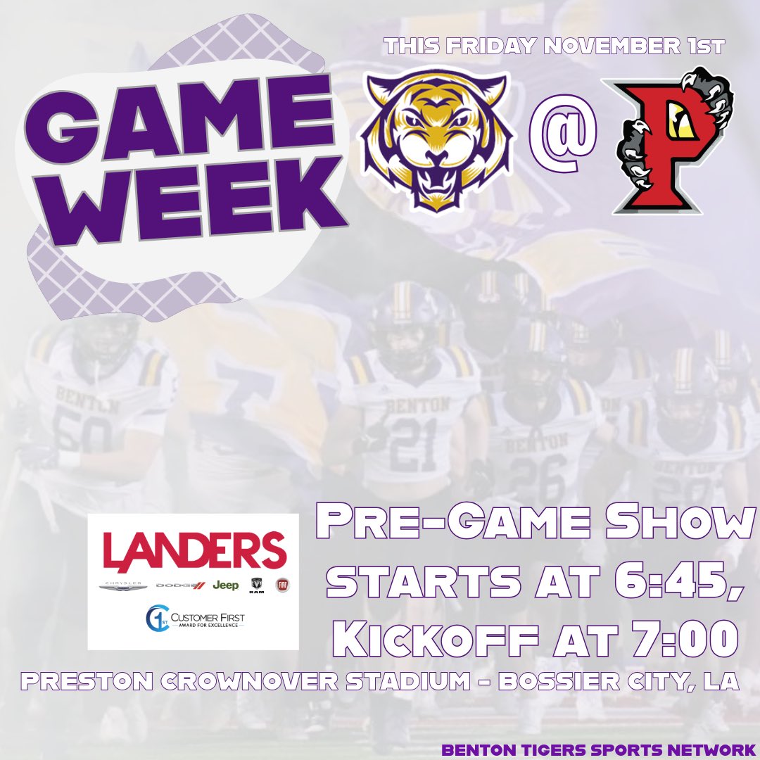 THIS FRIDAY🗣️
-
Join our live broadcast between the Parkway Panthers and your Benton Tigers 🐅 
-
Be sure to make it to the Landers Dodge Chrysler Jeep RAM pregame show at 6:45 this Friday night! 
-
Click the link in our bio for our broadcasting options! 🎙️
-
Go Tigers! 🐯