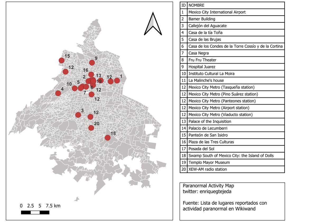 Como cada año en #Halloween  les traigo un mapa de actividad paranormal

Los lugares reportados con mayor actividad paranormal en CDMX. Hay de todo: reportes de apariciones incorpóreas, críptidos, lugares históricos, teatros, etc

Fuente  wikiwand.com/en/articles/Li…
(Click para zoom)