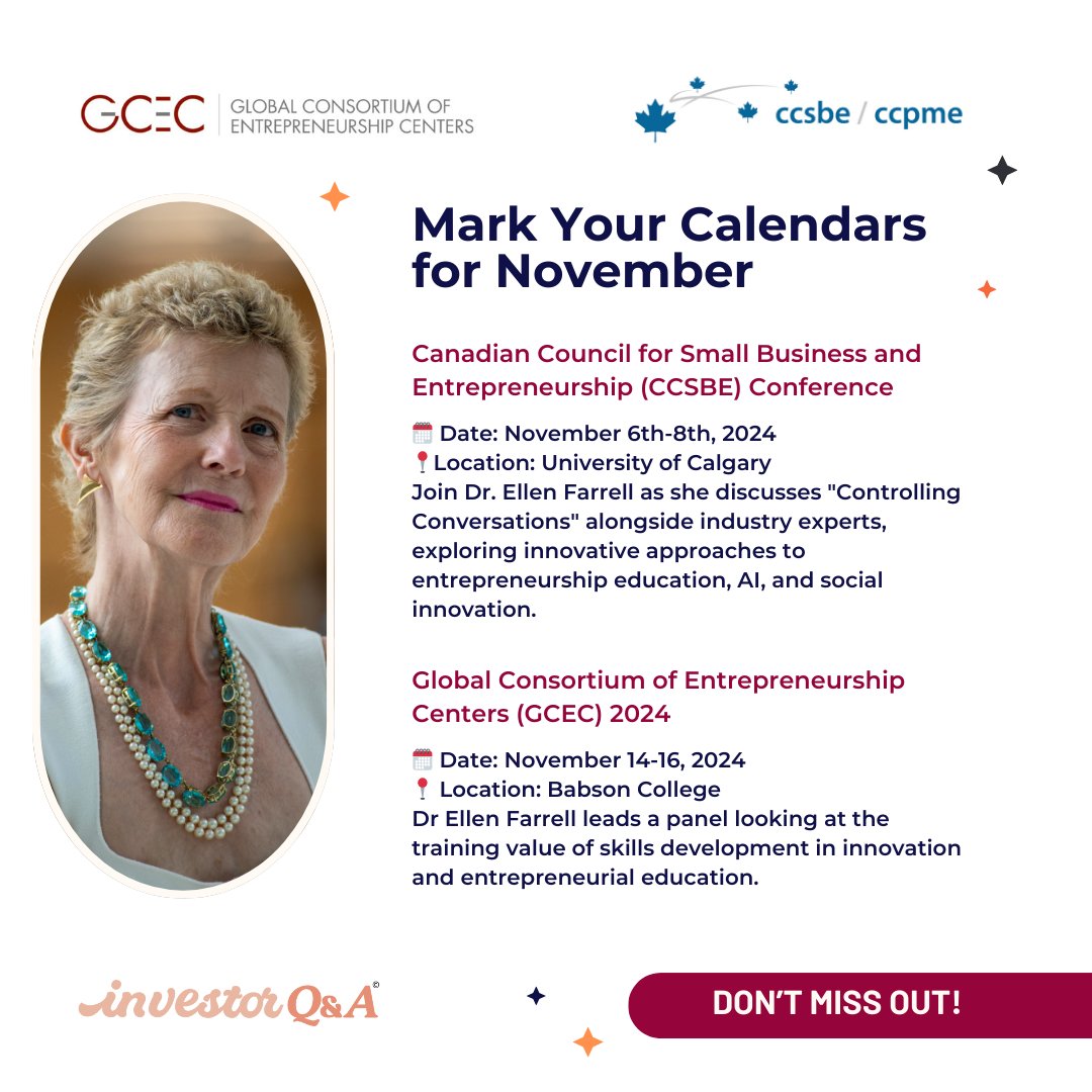 Get inspired by Dr. Ellen Farrell's expertise! Join her in November at CCSBE and GCEC 2024 as she shares game-changing insights for entrepreneurs and innovators. Don’t miss out! 

#CCSBE2024 #GCEC2024 #Investoready #USA #Calgary #Entrepreneurship #Innovation #WomenInBusiness