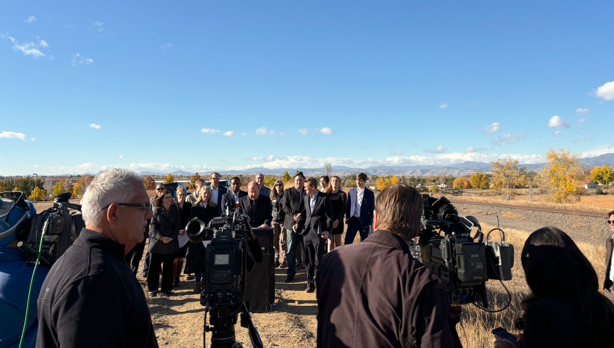 CHCahill's tweet photo. Governor Polis, @SenatorBennet, @RepJoeNeguse, @RepPettersen, state and local leaders are celebrating  major funding from @USDOT to improve safety, expand Colorado rail and provide more building blocks for passenger rail. https://t.co/r3EmKwsorV