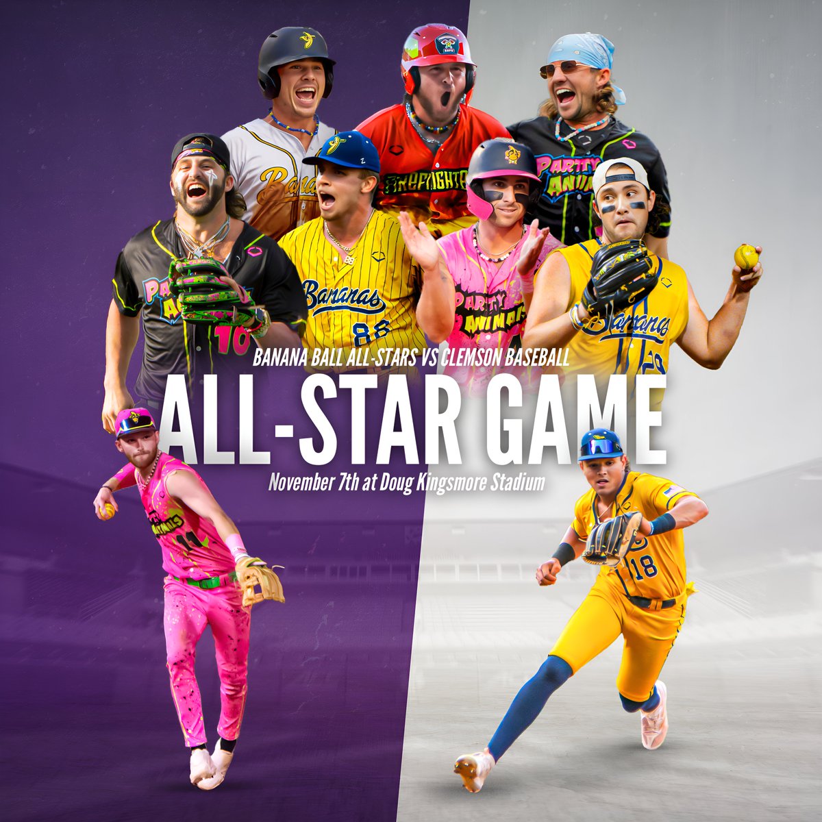 ⚠️A NEW CHALLENGER APPROACHES ⚠️

The Banana Ball All-Stars will take on <a href="/ClemsonBaseball/">Clemson Baseball</a> at Doug Kingsmore Stadium on November 7th. The (real) final show of 2024 will see the stars of Banana Ball face off against one of the best teams in college baseball in an epic showdown⚔️
