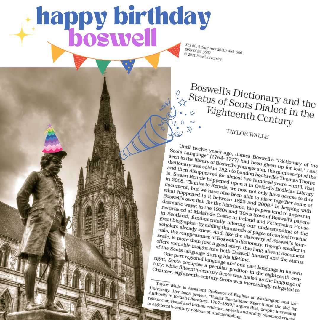 Happy BDay Boswell 🎉 Born #OTD in1740 Scotland, James Boswell was friend to Samuel Johnson and author of his own writings. Taylor Walle writes about Boswell's "Dictionary of the Scots Language" and its focus on the vernacular Scots (SEL 60.3) <a href="/ProjectMUSE/">Project MUSE</a> bit.ly/40hNWA2