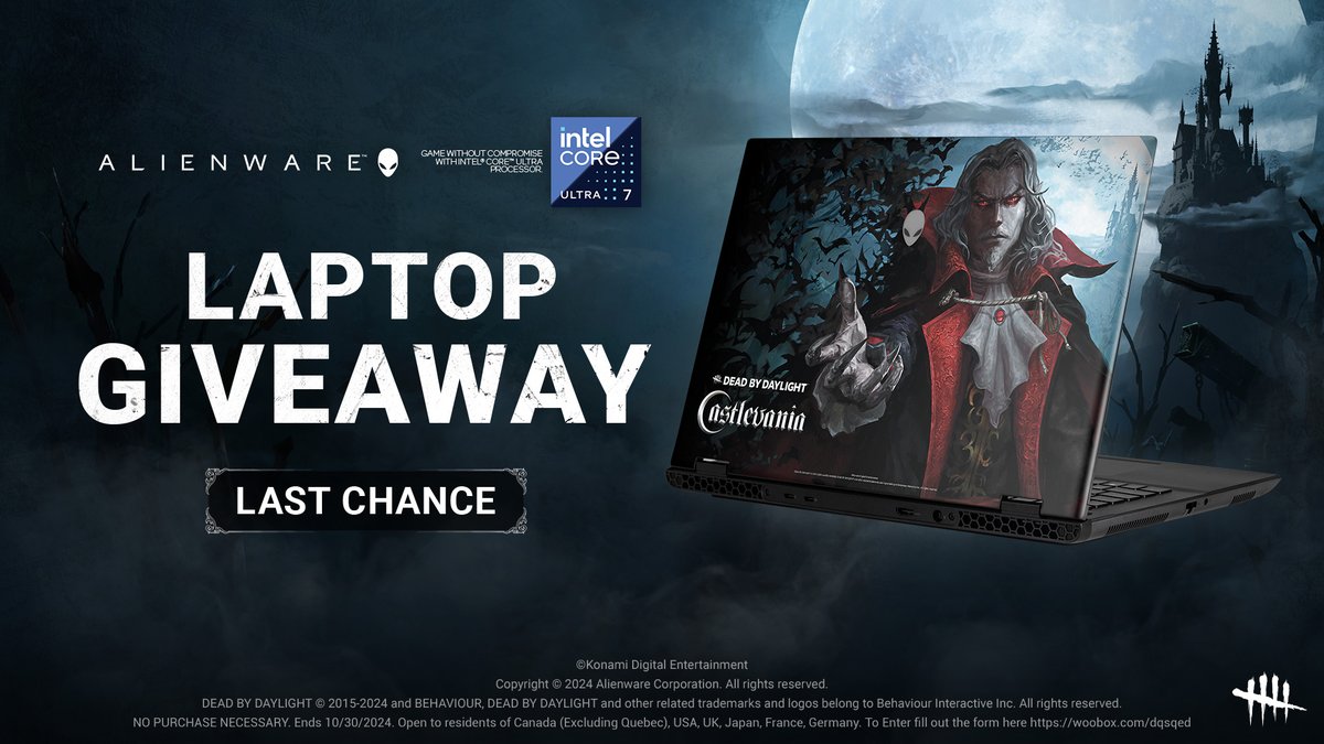 DeadbyDaylight's tweet photo. You have until October 30 to get a chance to win one Customized Alienware M16 R2 Gaming Laptop provided by @Alienware and @IntelGaming. 🇺🇸 /🇨🇦 /🇯🇵 /🇩🇪 /🇫🇷 /🇬🇧 

Check the details 👉 https://t.co/h86k2uj1Xp https://t.co/S3BzDIF8Ss