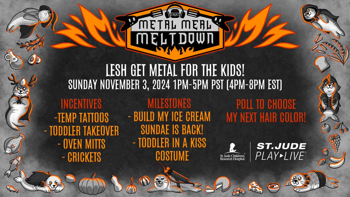 Mark your calendar! November 3, 1-5pm PST (4-8pm EST) I'll be doing a rare stream! <a href="/MetalMealMelt/">MetalMealMeltdown</a> is back! Lesh get Metal for the kids! Fun incentives, and Build my ice cream sundae is back!