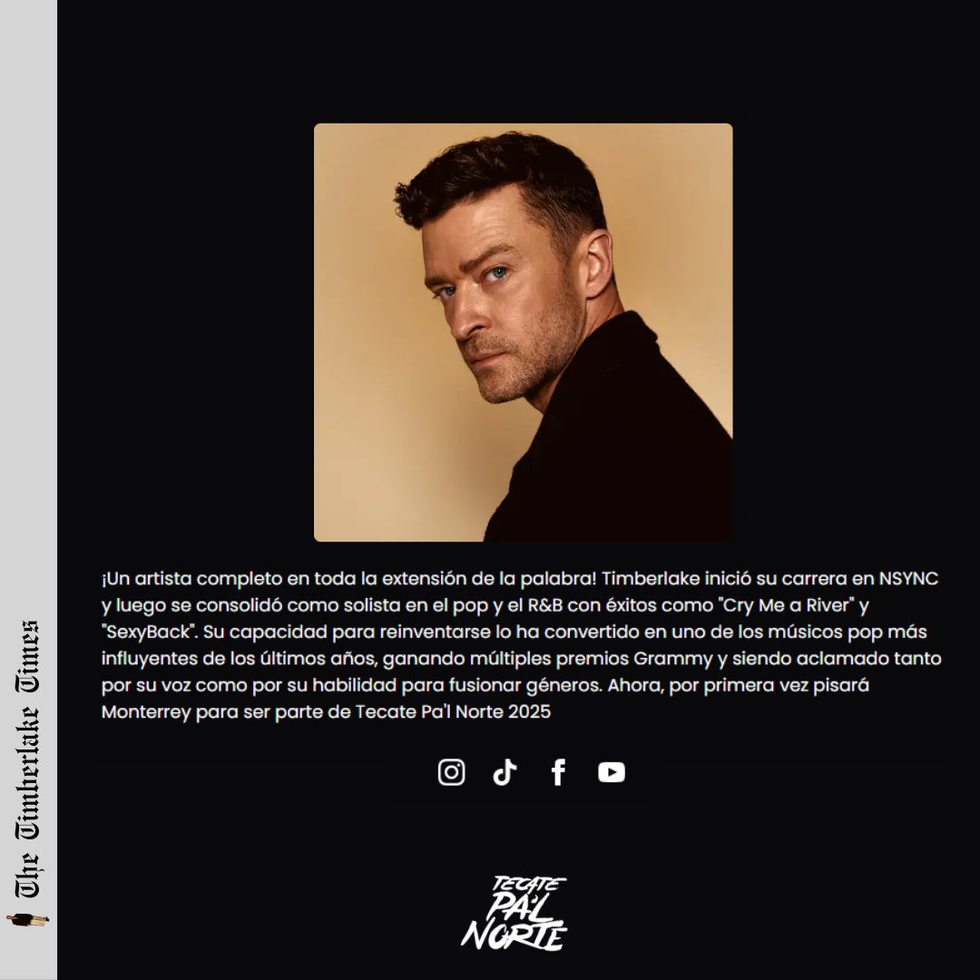 updatesjustint's tweet photo. 💬| Justin Timberlake's artist bio on Tecate Pa'l Norte's website:

"His ability to reinvent himself has made him one of the most influential pop musicians of recent years, winning multiple GRAMMY Awards and being acclaimed for both his voice and his ability to fuse genres." https://t.co/G383qrYUvH