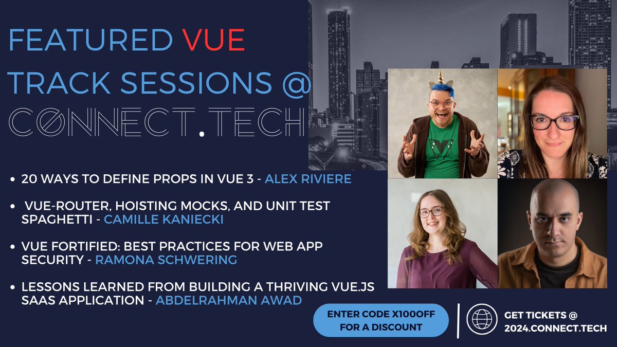 connect_js's tweet photo. Advance your Vue.js skills on our Vue track at this years @connect_js 🙌
@fimion https://t.co/kuTtEUNMSG
@CamilleKaniecki https://t.co/mxKG1YGwI1
@leichteckig https://t.co/OLYiqtXppE
@logaretm https://t.co/ixQPTFoxYz
🎟️https://t.co/9jkqw9qMoC
Use code X100OFF for a discount! https://t.co/q5nMGEjQ60