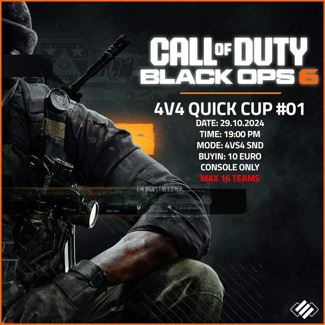 *BlackSquare Quick Cup #01*

Dieses Jahr werden wir immer wieder spontan Abends mit 1h Vorlauf kleine Cups mit niedrigem BuyIn ankündigen. Heute gibt es das erste 4vs4. 

Anmeldung: t1p.de/qbned

Bitte beachtet das Ruleset:
-> Payback entfernt
-> Modell L verboten