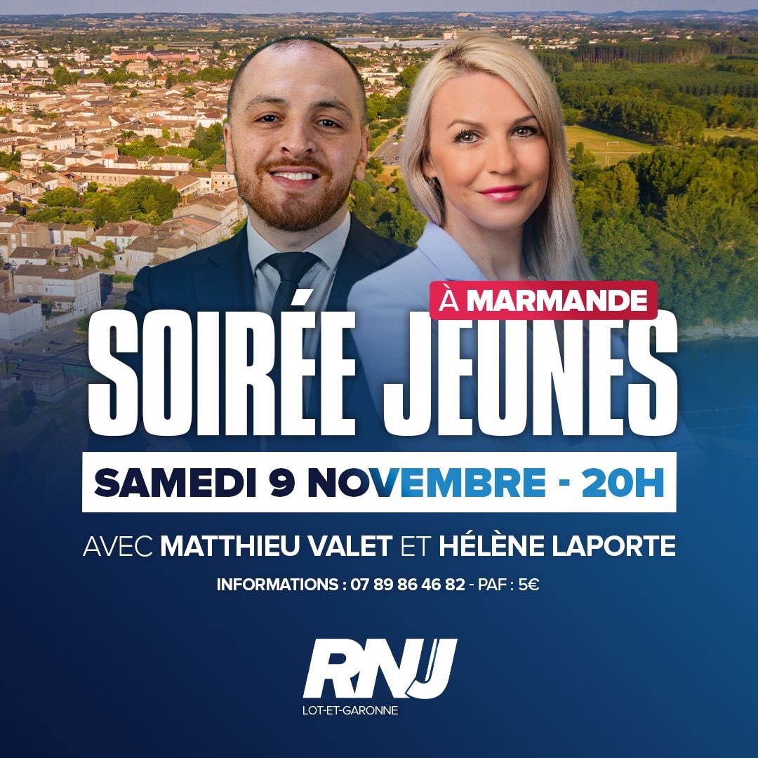 🇫🇷 Jeunesse patriote, rendez-vous à Marmande !

Participez à la soirée du RNJ47 avec <a href="/mvalet_officiel/">Matthieu Valet</a> et <a href="/HeleneLaporteRN/">Hélène Laporte</a>, le samedi 9 novembre à 20h, la veille du meeting de <a href="/J_Bardella/">Jordan Bardella</a> à Tonneins !

Infos :
07 89 86 46 82

🎟️ Inscrivez-vous rapidement :
my.weezevent.com/RNJ-9nov24