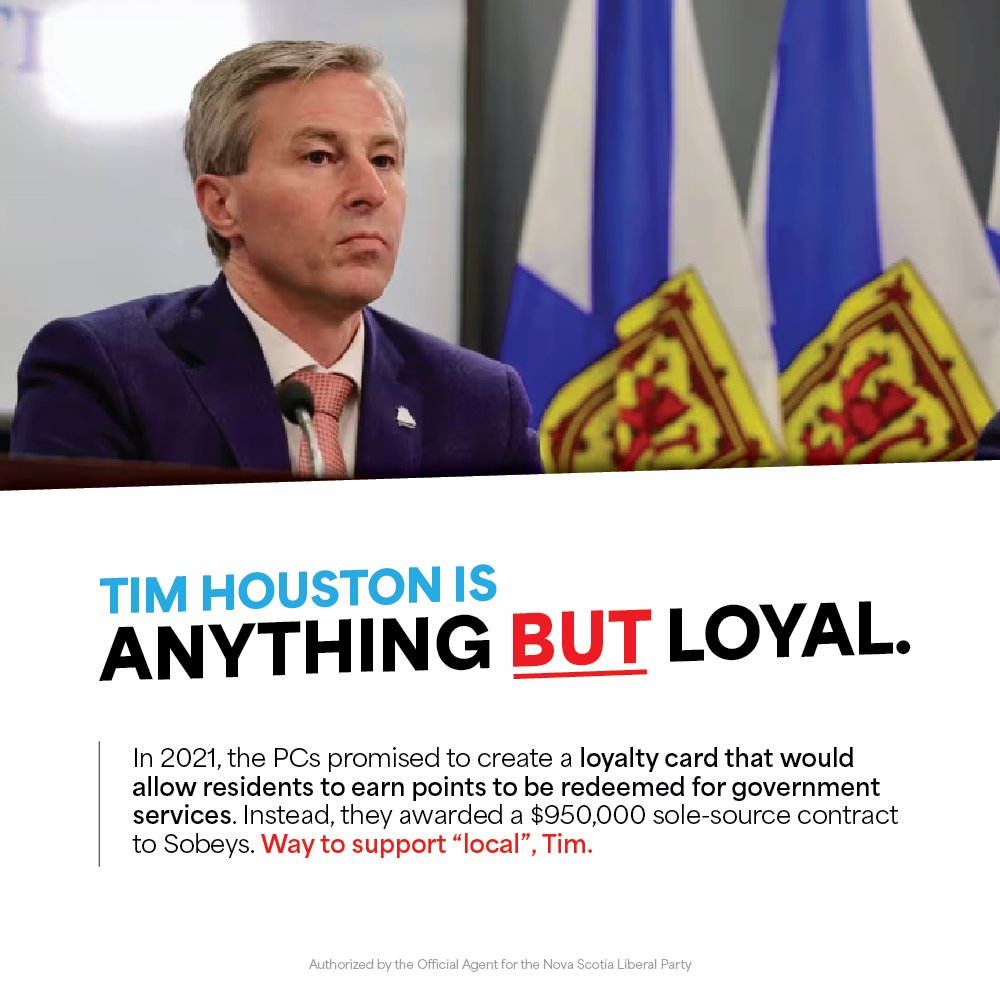 LiberalPartyNS's tweet photo. Tim Houston's "Nova Scotia Loyal" program is anything but loyal to Nova Scotians. While #OneTermTim gave Sobeys nearly ONE MILLION taxpayer dollars, the NS Liberals will invest in our local producers and small businesses. https://t.co/D2DxDQ0lH2