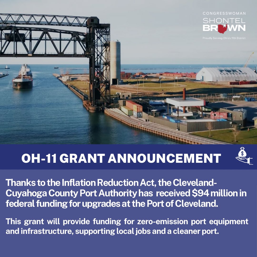 Proud to announce over $94 million in federal funding for the <a href="/portofcleveland/">Port of Cleveland</a> thanks to the Inflation Reduction Act. 

The Port is an essential economic engine for NE Ohio and this funding will help improve sustainability and support good jobs and a cleaner environment.
