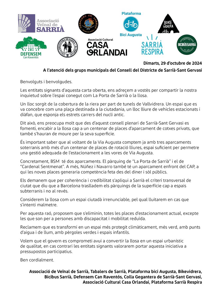 📢 9 entitats de Sarrià ens unim per defensar La Porta de Sarrià com un espai de ciutadania, lliure d’aparcaments de cotxes privats. 
Volem una llosa renovada, verda, plena de vida, segura i sostenible! 
🌳🌱🧒🌞💧 
#SalvemLaLlosa #SarriàRespira #EspaiCiutadà 
#PleSSTG