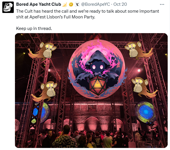 Maybe Ape <a href="/BoredApeYC/">Bored Ape Yacht Club 🍌</a>  don’t realize just how fitting it is for Ghost to appear at their ApeFest Lisbon’s Full Moon Party. Woohoo！👻👻👻👻👻