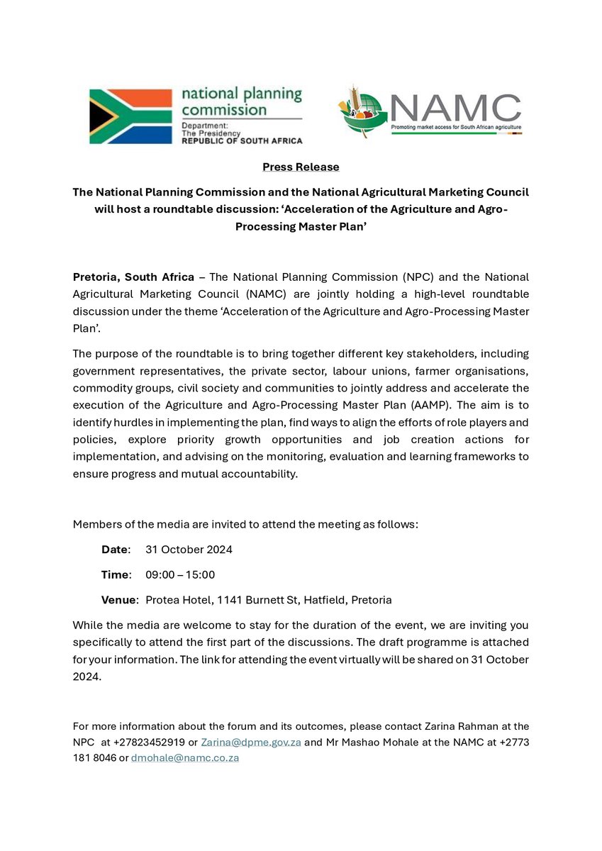 NPC_RSA's tweet photo. PRESS RELEASE: The National Planning Commission and the @NAMCsoeZA  will host a roundtable discussion: ‘Acceleration of the Agriculture and Agro-Processing Master Plan’
#AAMP https://t.co/01yYFwh6X0