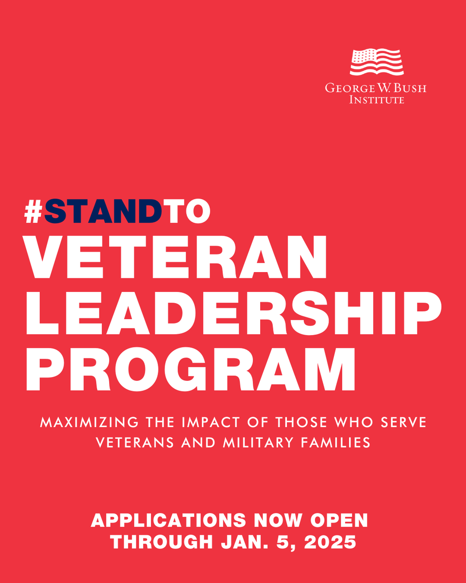 BarrettBogue's tweet image. JOIN #StandTo AND MAKE A DIFFERENCE!

I'm proud to be a #StandTo Veteran Leadership Program Scholar and a member of this unique community. Now you can join us! Applications are open through January 5, 2025.

This George W. Bush Presidential Center program brings together a
