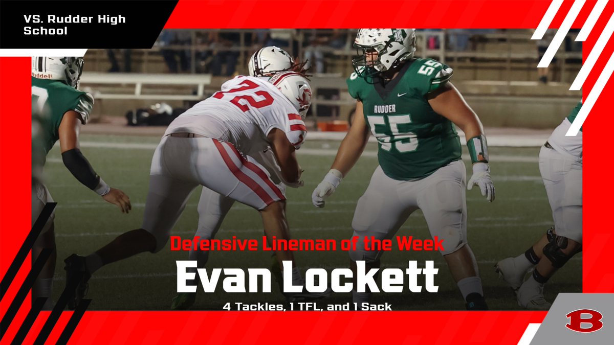 Congratulations to Evan Lockett on being named Defensive Lineman of the Week against the Rangers! The Junior had a great game on the defensive front and help cause chaos for the Ranger offense. Evan recorded 4 tackles, 1 TFL, and 1 sack! #BTR