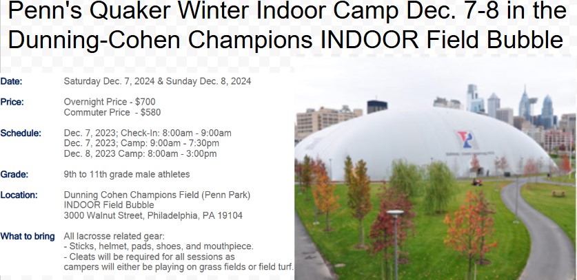 Phillylacrosse.com (@phillylacrosse) on Twitter photo Registration open for Penn’s Quaker Winter Indoor Camp Dec. 7-8 in the Dunning-Cohen Champions INDOOR Field Bubble <a href="/PennMensLax/">Penn Men's Lacrosse</a> - phillylacrosse.com/2024/registrat… Registration open for Penn’s Quaker Winter Indoor Camp Dec. 7-8 in the Dunning-Cohen Champions INDOOR Field Bubble <a href="/PennMensLax/">Penn Men's Lacrosse</a> - phillylacrosse.com/2024/registrat…