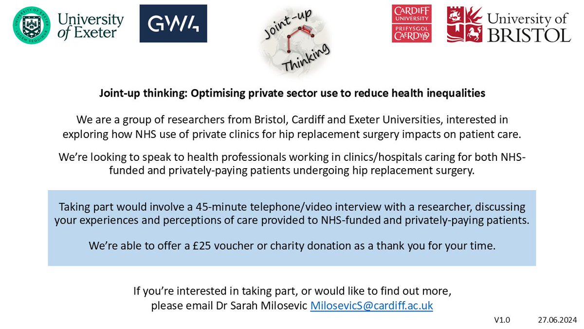 Sarah Milosevic (@milosevicsarah) on Twitter photo We're looking for health professionals working in hospitals caring for both NHS-funded and private patients undergoing hip replacement, for a 45-min online interview, as part of research into NHS use of private healthcare (£25 thank you voucher). Please re-tweet! <a href="/BristolBRC/">NIHR Bristol Biomedical Research Centre (BRC)</a> We're looking for health professionals working in hospitals caring for both NHS-funded and private patients undergoing hip replacement, for a 45-min online interview, as part of research into NHS use of private healthcare (£25 thank you voucher). Please re-tweet! <a href="/BristolBRC/">NIHR Bristol Biomedical Research Centre (BRC)</a>