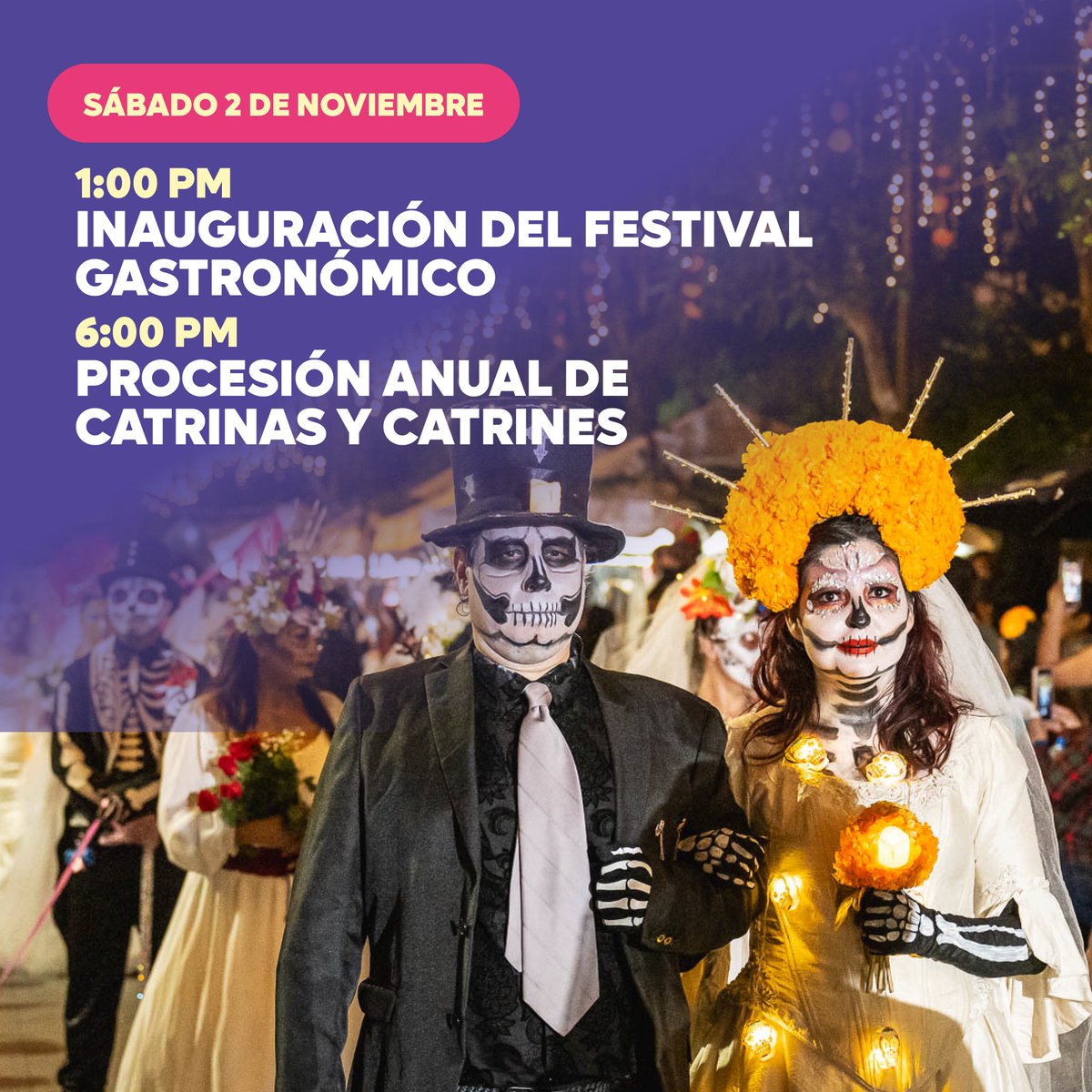 Preparen veladoras  y luzcan su disfraz
Entre sombras y colores el desfile va a empezar
Los #Catrines despertaron y es muy grande su gozar
Ellos saben que a #zapopan a su fiesta tú vendrás.