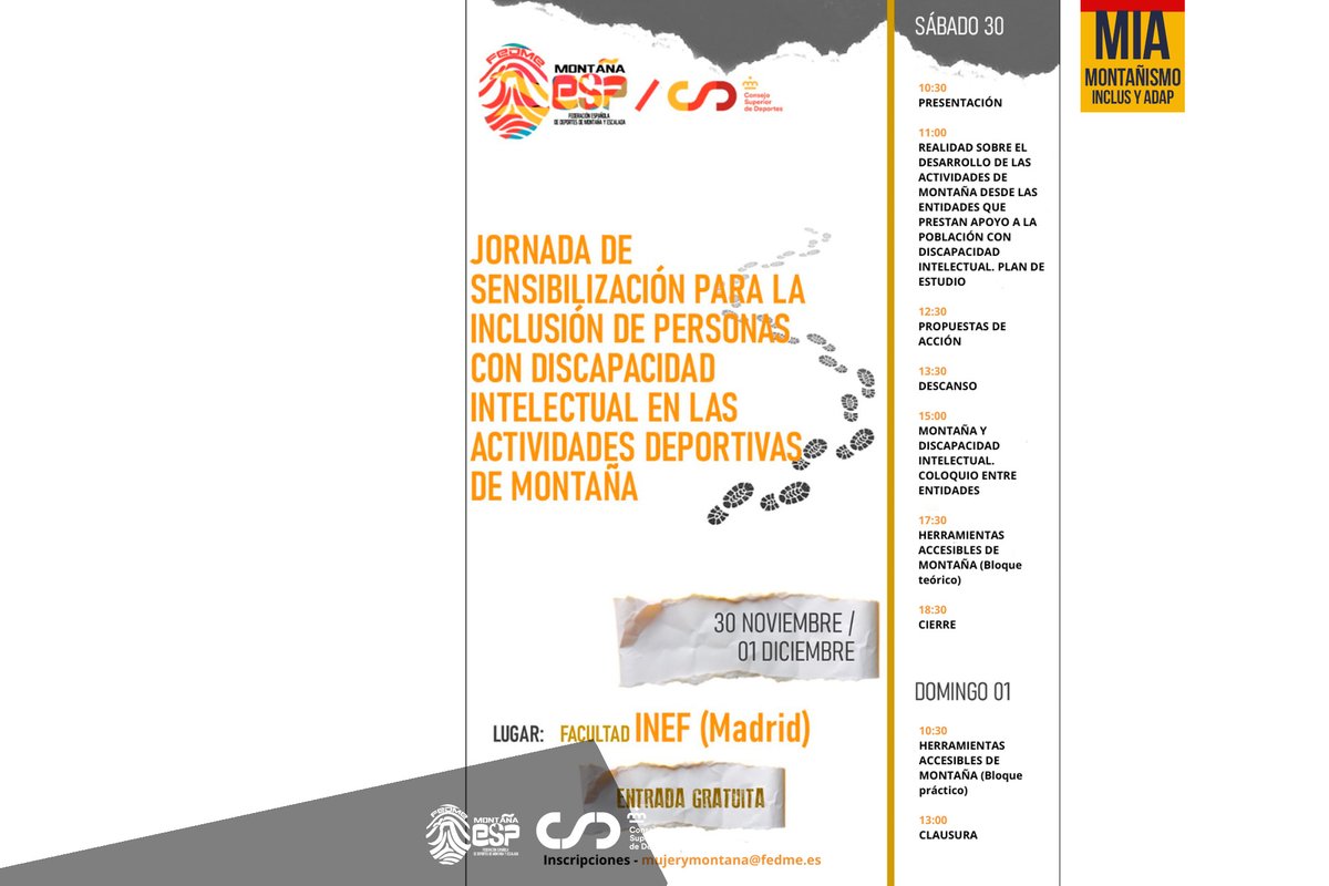 #Madrid → Jornada de Sensibilización para la Inclusión de Personas con Discapacidad Intelectual en las actividades deportivas de Montaña.

📰 Inscripciones abiertas. Más info 👀 →  fedme.es/jornada-de-sen…

<a href="/deportegob/">CSD</a> <a href="/depespana/">ADESP - Asociación del Deporte Español</a>
