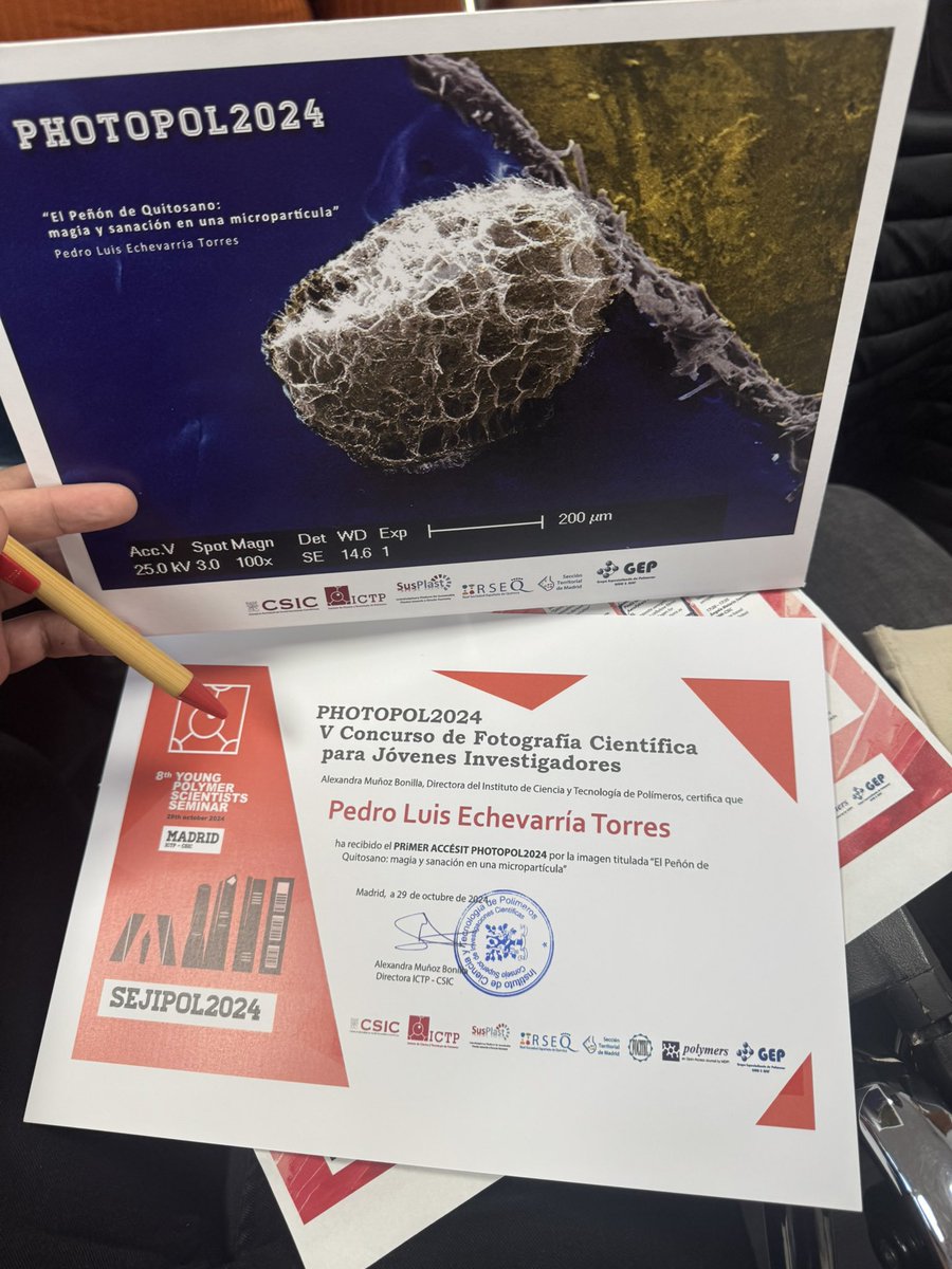 Today, I presented part of my doctoral research at the 8th Seminar for Young Researchers in Polymers (SEJIPOL2024). During the event, I was also awarded the 1st Accésit Prize in the 5th Scientific Photography Contest for Young Researchers
<a href="/ictp_promocion/">ICTP-CSIC</a> <a href="/Biomat_ICTP/">Biomaterials ICTP</a> <a href="/DPE_CSIC/">Postgrado CSIC</a>