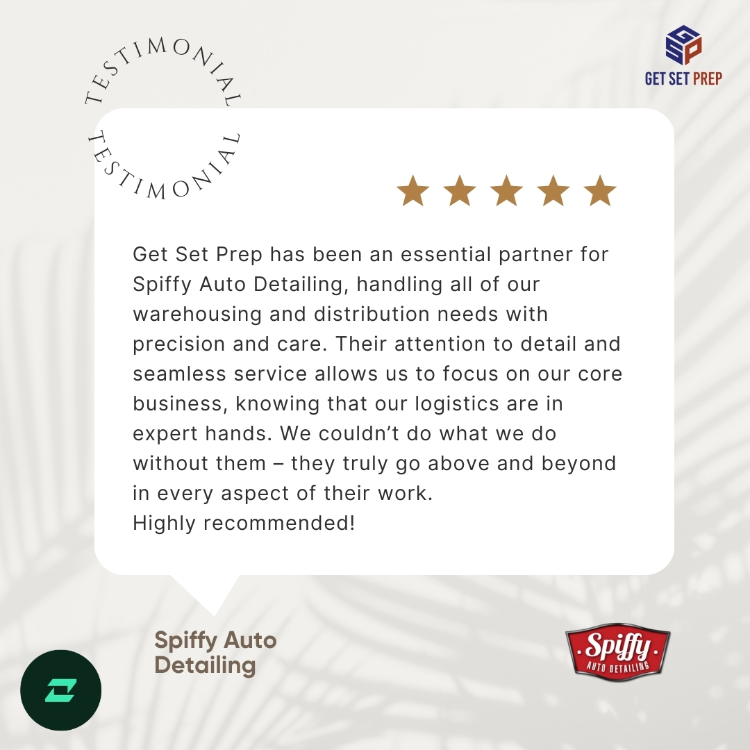 GetSetPrepTO's tweet image. A huge thank you to Spiffy Auto Detailing for these incredible words! We&apos;re proud to handle their warehousing &amp;amp; distribution needs, letting them focus on what they do best. 

#ClientTestimonial #LogisticsPartner #GetSetPrep #WarehouseSolutions #DistributionExperts #ClientSuccess