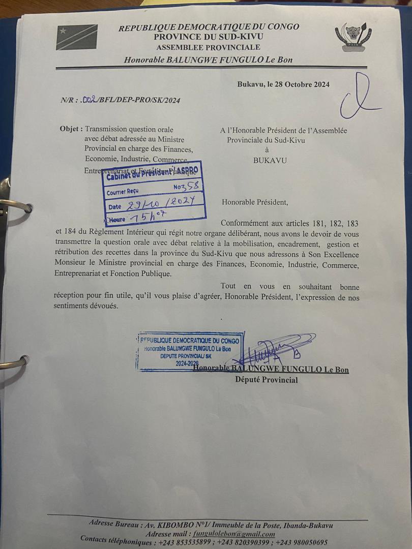 namegabelucky3's tweet image. SUD-KIVU: 
Contrôle parlementaire: Le ministre provincial en charge des finances est appelé à s’expliquer à l&apos;Assemblée provinciale. Une question orale avec débat lui est adressée par le député #LEBON FUNGULO .Cet elu du peuple veut savoir sur la gestion des recettes mobilisées.