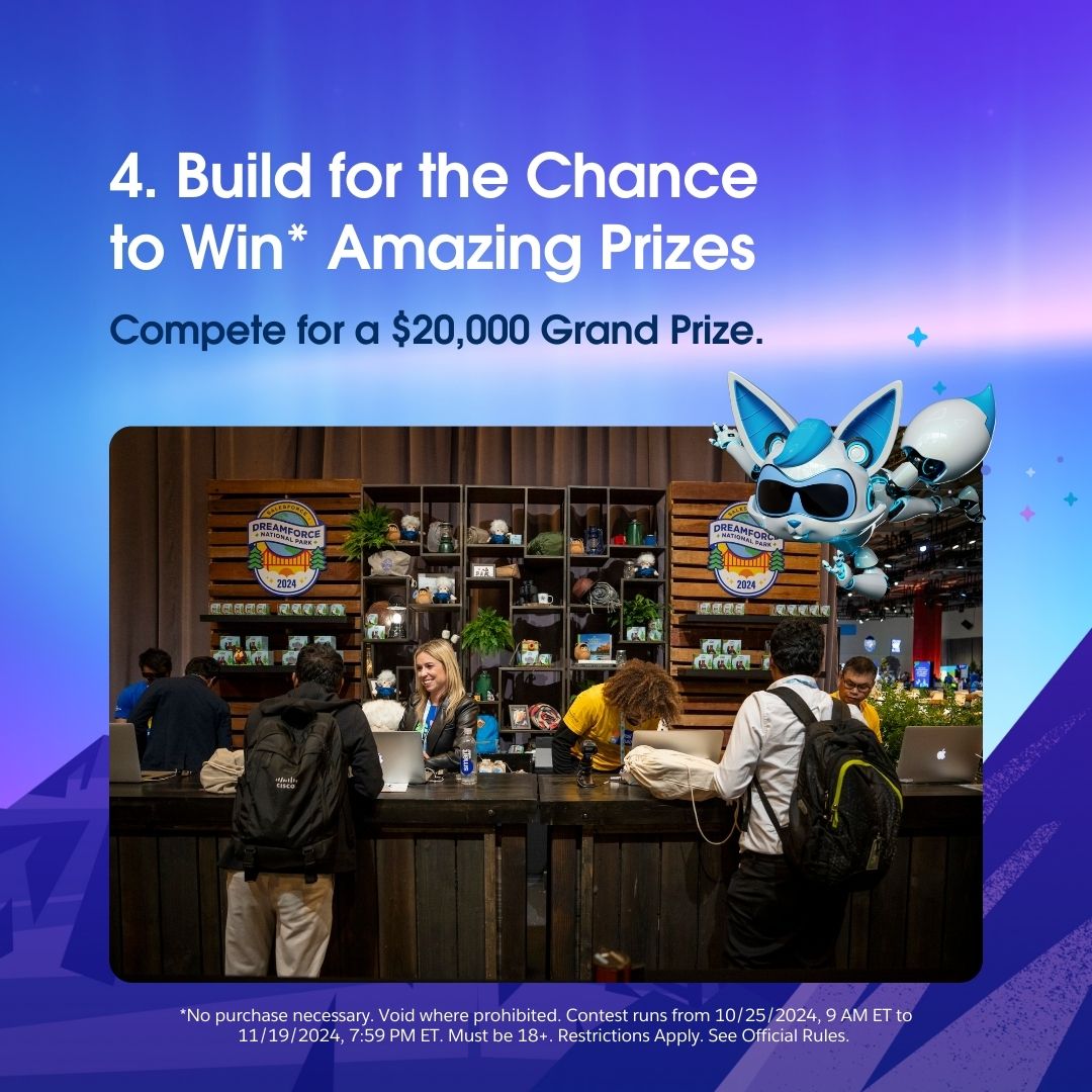 SalesforceAdmns's tweet photo. 🤖 Learn. Build. Connect. Win. 

Join the Agentforce Hackathon November 18-19 before #AgentforceTour NYC! 

You'll team up with fellow Trailblazers to showcase what can be #BuiltWithAgentforce + compete for cash prizes. Terms apply. #SFContest

Register: https://t.co/u2qXW4bZS2