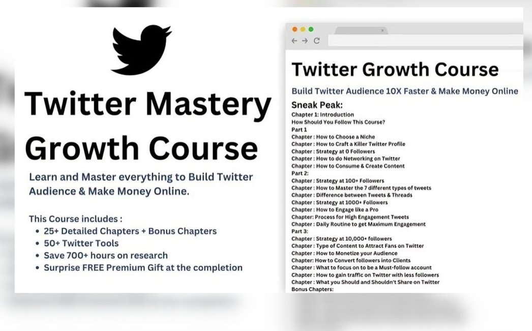 ٹویٹر کری ایٹرز  سالانہ 1 لاکھ ڈالرز سے 2 لاکھ ڈالرز کماسکتے ہیں

میں نے ٹویٹر گروتھ سے متعلق ایک کورس بنایا ہے 

کورس میں
25 پلس چیپٹرز ہیں
50 پلس ٹویٹر ٹولز ہیں

آئندہ 48 گھنٹوں تک یہ کورس بالکل فری ہے

کورس لینے کیلئے 
مجھے فالو کریں (تاکہ آپ کو میسج کرسکوں)
لائک اور ریٹویٹ