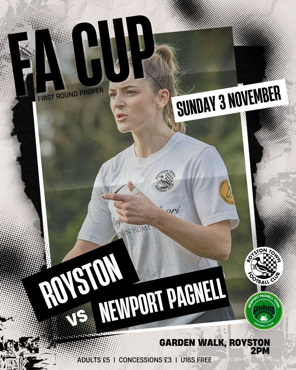RoystonTownWFC's tweet image. 🔥 Record-Equalling FA Cup Fixture! 🔥

This weekend, we take on Newport Pagnell as we equal our club record in the FA Cup! 💪⚽️ Let’s make history together. 🙌🖤🤍

🆚 Newport Pagnell (H)
⏱ 2pm
📅 Sunday 3rd November
🎟 Adult (£5) Concessions (£3) U16 (Free)
🤝 Anna Pyke Care
