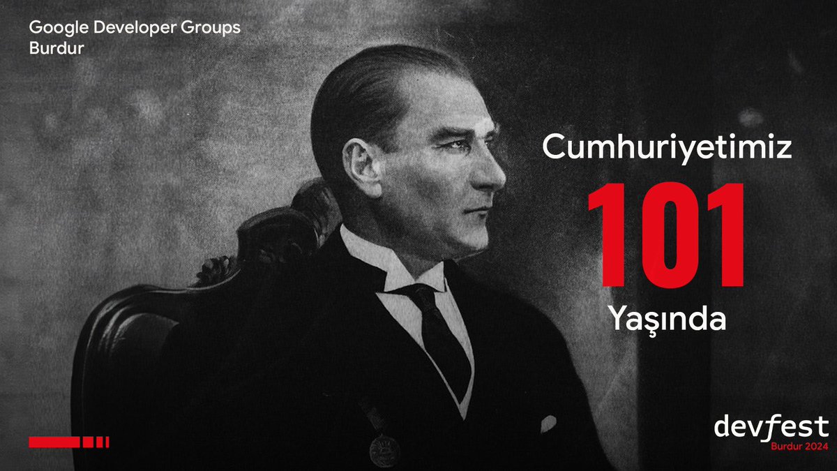 Cumhuriyetimizin 101. yılını gururla kutluyoruz! Atatürk’ün bize armağan ettiği Cumhuriyet, yarınlara umutla bakmamızı sağlıyor. Nice yıllara! 🇹🇷 #Cumhuriyet101Yaşında #Atatürk #29Ekim #DevFest2024