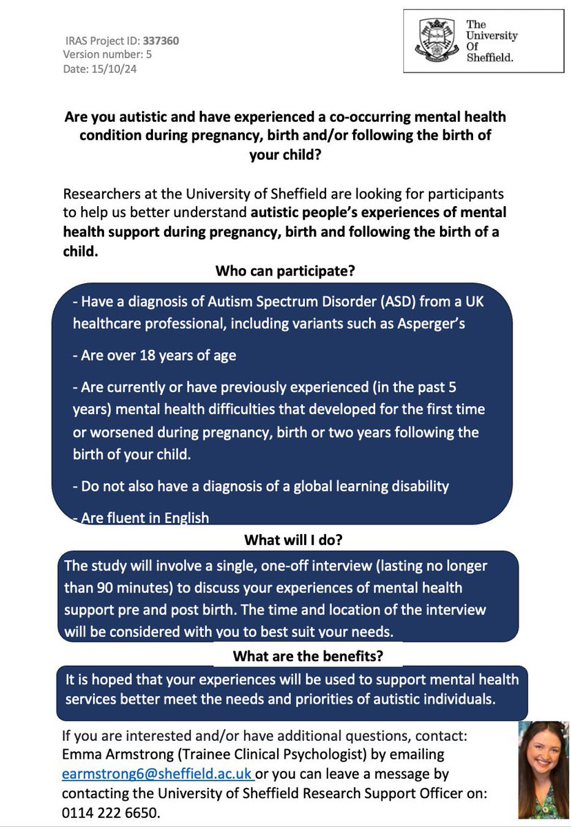 Repost following a change to eligibility criteria. 

Hello, I’m a Trainee Clinical Psychologist hoping to interview autistic women who have experienced perinatal mental health difficulties to support research. Please contact me if you are interested or would like information.