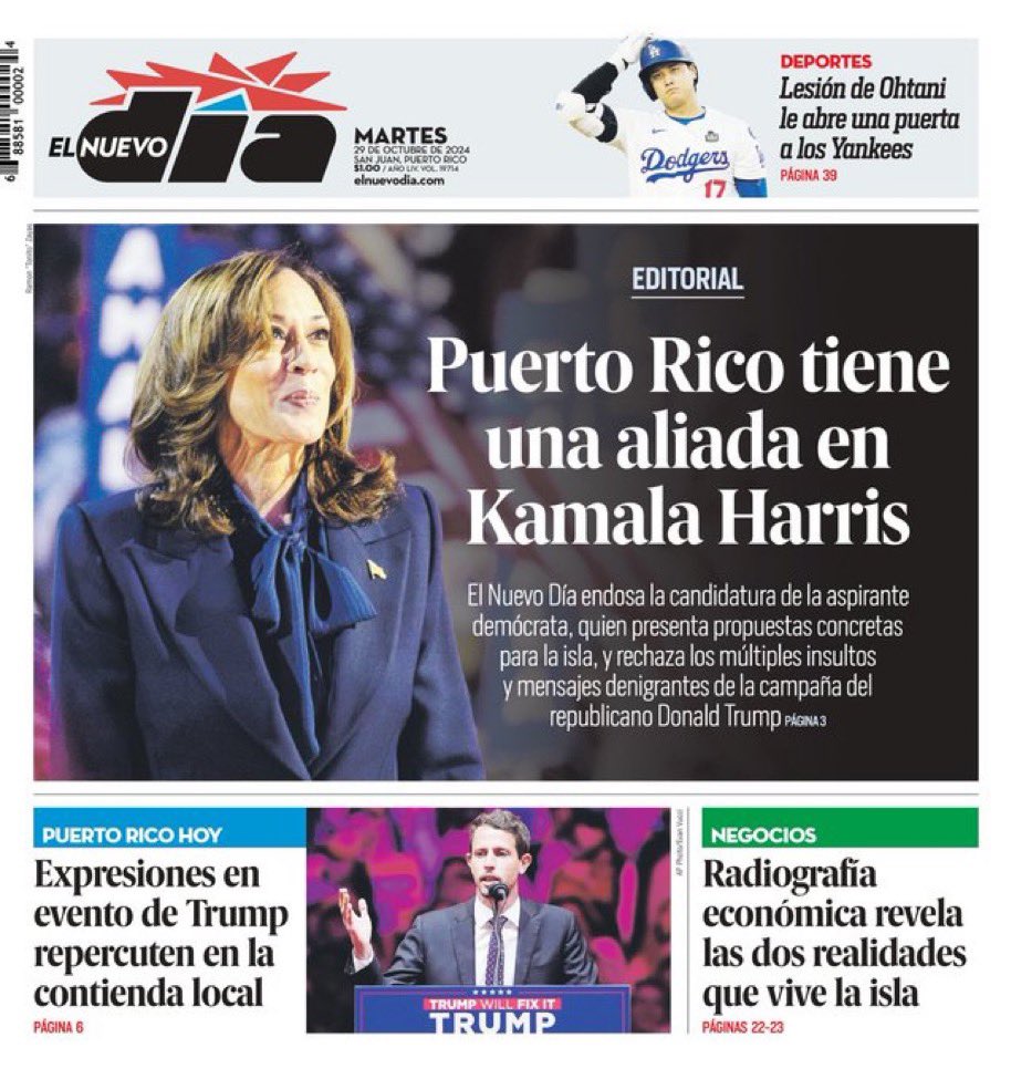NEW

El Nuevo Día, Puerto Rico’s largest newspaper endorses Kamala Harris for president:

“One week before the election, Trump’s erratic and narcissistic behaviors reveal a lack of balance and ability to build agreements and solutions to the serious problems facing the United