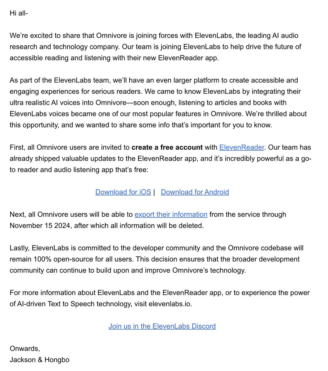 ugh. So dissapointed that Omnivore is getting sucked up by another company. Guess it's time to build my own thing or finally pay for readwise 😣 Anyone know a good free alternative? Basically all I want is an easy way to save links to read later from my browser and phone.