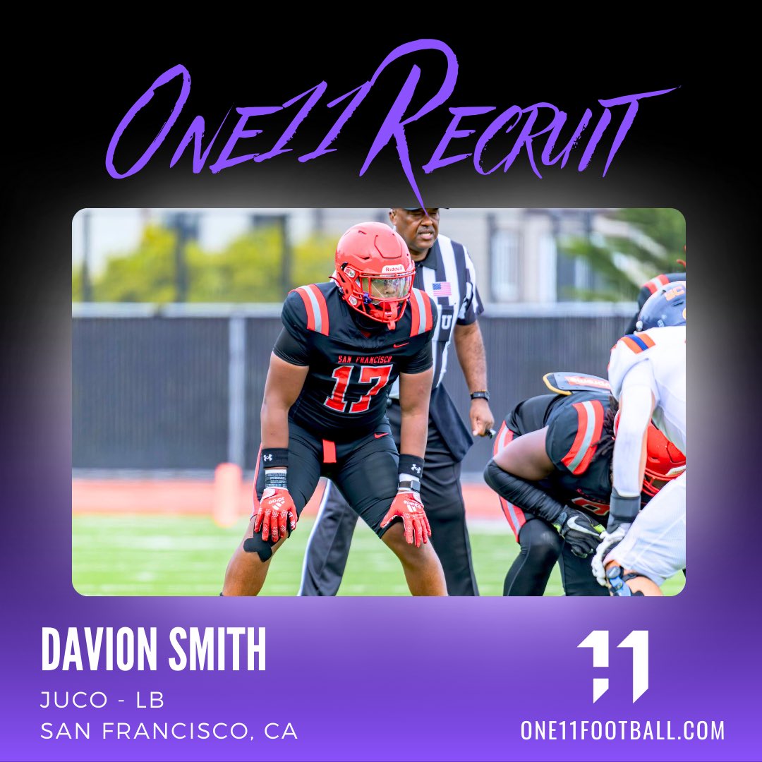 One11 Recruiting (@one11recruiting) on Twitter photo Check out our highest rated JUCO player!
<a href="/Smith_Davion10/">Davion "DayDay" Smith</a> from San Francisco, CA.
Davion is a standout LB at the JUCO level and is primed for a D1 opportunity very soon!
Get your eyes on him now! Check out our highest rated JUCO player!
<a href="/Smith_Davion10/">Davion "DayDay" Smith</a> from San Francisco, CA.
Davion is a standout LB at the JUCO level and is primed for a D1 opportunity very soon!
Get your eyes on him now!