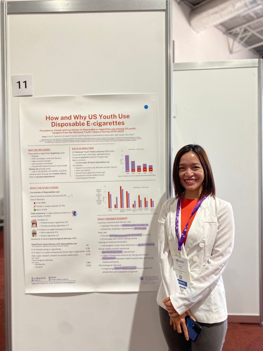 Here’s <a href="/gigivu9/">gigivu</a> from <a href="/NCYSUR/">NCYSUR, UQ</a> presenting her work on why young people are using disposable vapes at #APSAD24 in Canberra! Come check out poster #11