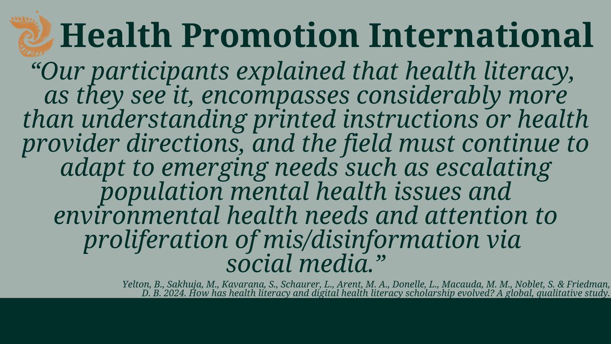 Health Promotion International (OUP) (@healthpromint) on Twitter photo 🔔 NEW at Health Promotion International
“Health literacy is a key social determinant of health and is of increasing importance in public health research and intervention.”
Read here: doi.org/10.1093/heapro… <a href="/mayank_sakhuja6/">Mayank Sakhuja</a> <a href="/runnergirladams/">Michelle Arent</a> <a href="/ldonell/">Lorie Donelle RN PhD FCAN</a> <a href="/daniela_beth/">Daniela Friedman</a> 🔔 NEW at Health Promotion International
“Health literacy is a key social determinant of health and is of increasing importance in public health research and intervention.”
Read here: doi.org/10.1093/heapro… <a href="/mayank_sakhuja6/">Mayank Sakhuja</a> <a href="/runnergirladams/">Michelle Arent</a> <a href="/ldonell/">Lorie Donelle RN PhD FCAN</a> <a href="/daniela_beth/">Daniela Friedman</a>