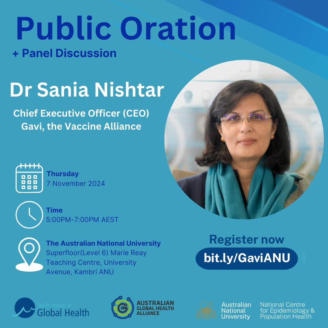 ANUPopulationHealth (@anupophealth) on Twitter photo Join us and <a href="/PacificFriends/">Pacific Friends of Global Health</a> as we host Dr <a href="/SaniaNishtar/">Dr Sania Nishtar</a>, CEO of <a href="/gavi/">Gavi, the Vaccine Alliance</a>, for an oration & panel discussion on vaccines' lifesaving, community-transforming roles.💉
🗓️ Thursday 7 Nov, 5-7pm
🌆Level 6, Marie Reay Teaching Centre, <a href="/Kambri_ANU/">Kambri at ANU</a>
✍️Register now at bit.ly/GaviANU Join us and <a href="/PacificFriends/">Pacific Friends of Global Health</a> as we host Dr <a href="/SaniaNishtar/">Dr Sania Nishtar</a>, CEO of <a href="/gavi/">Gavi, the Vaccine Alliance</a>, for an oration & panel discussion on vaccines' lifesaving, community-transforming roles.💉
🗓️ Thursday 7 Nov, 5-7pm
🌆Level 6, Marie Reay Teaching Centre, <a href="/Kambri_ANU/">Kambri at ANU</a>
✍️Register now at bit.ly/GaviANU