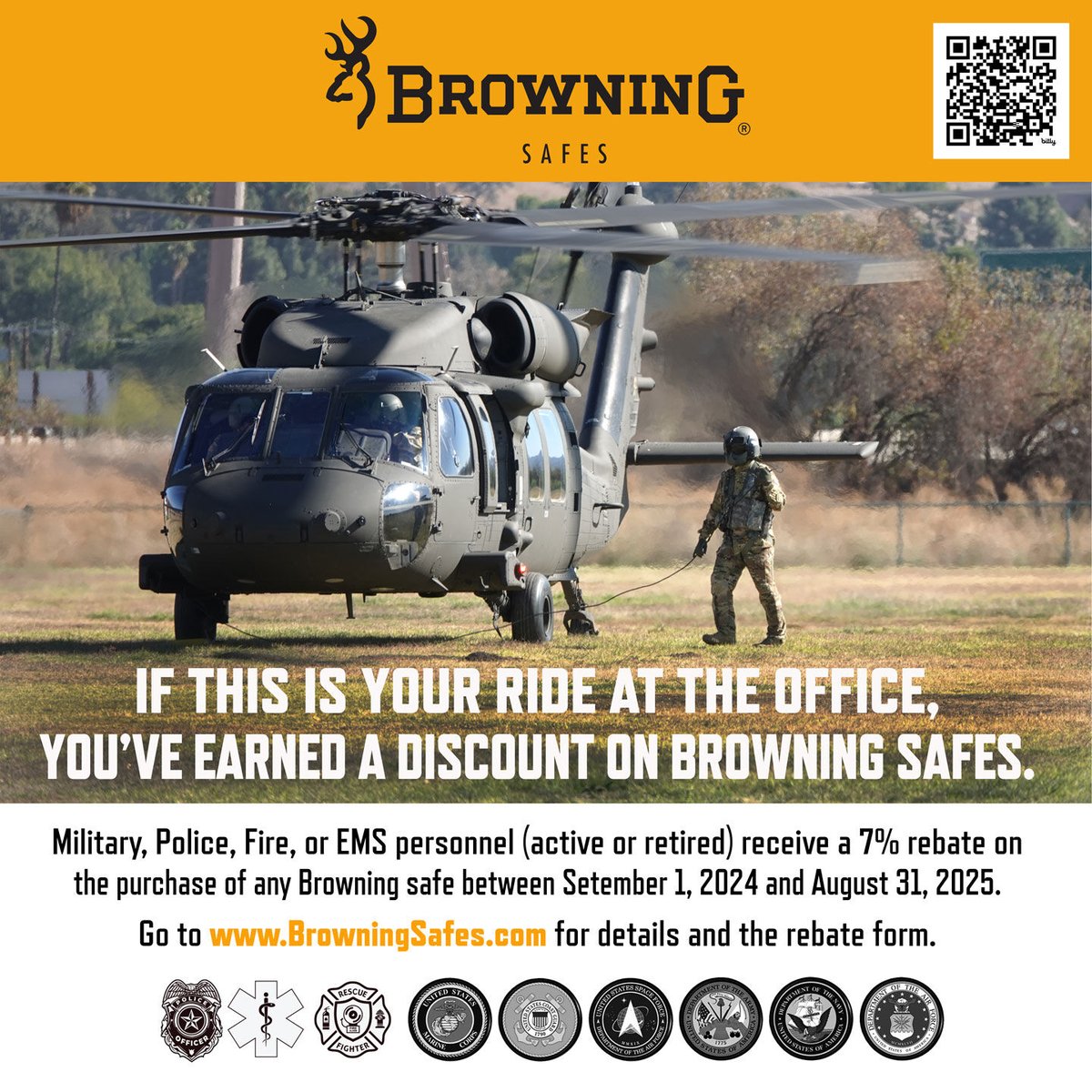 BrowningSafes's tweet photo. #BrowningSafes offers a 7% rebate on all new gun safes for active and retired military and first responders. 🛡️💪

Details and rebate form are available at https://t.co/ph56FlbMvc

Thank you for your service!

#BrowningSafes #MilitaryDiscount #FirstResponderDiscount #GunSafety https://t.co/XkVZMEL7fK