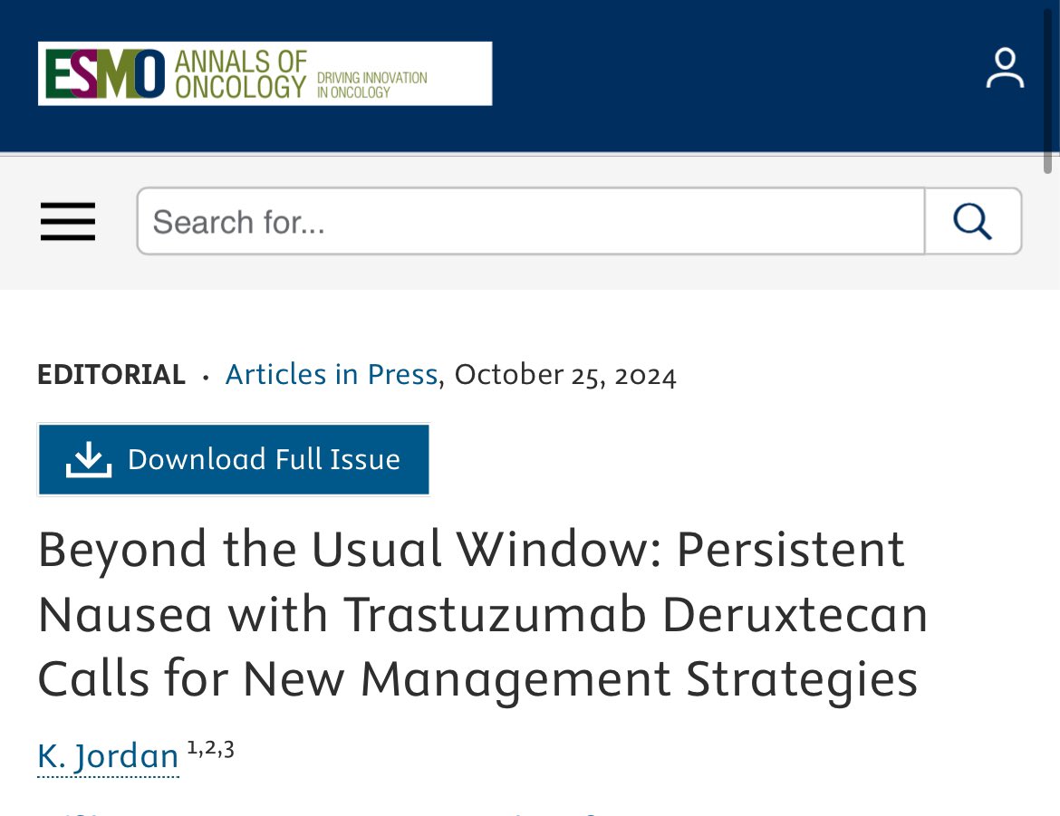 ADCs combine the potency of chemo with the PK of mAbs. This translates into increased antitumor activity, but also in delayed toxicities. The most common, with T-DXd: nausea. Check this interesting <a href="/Annals_Oncology/">Annals of Oncology</a> editorial on the ERICA randomized trial. annalsofoncology.org/article/S0923-…