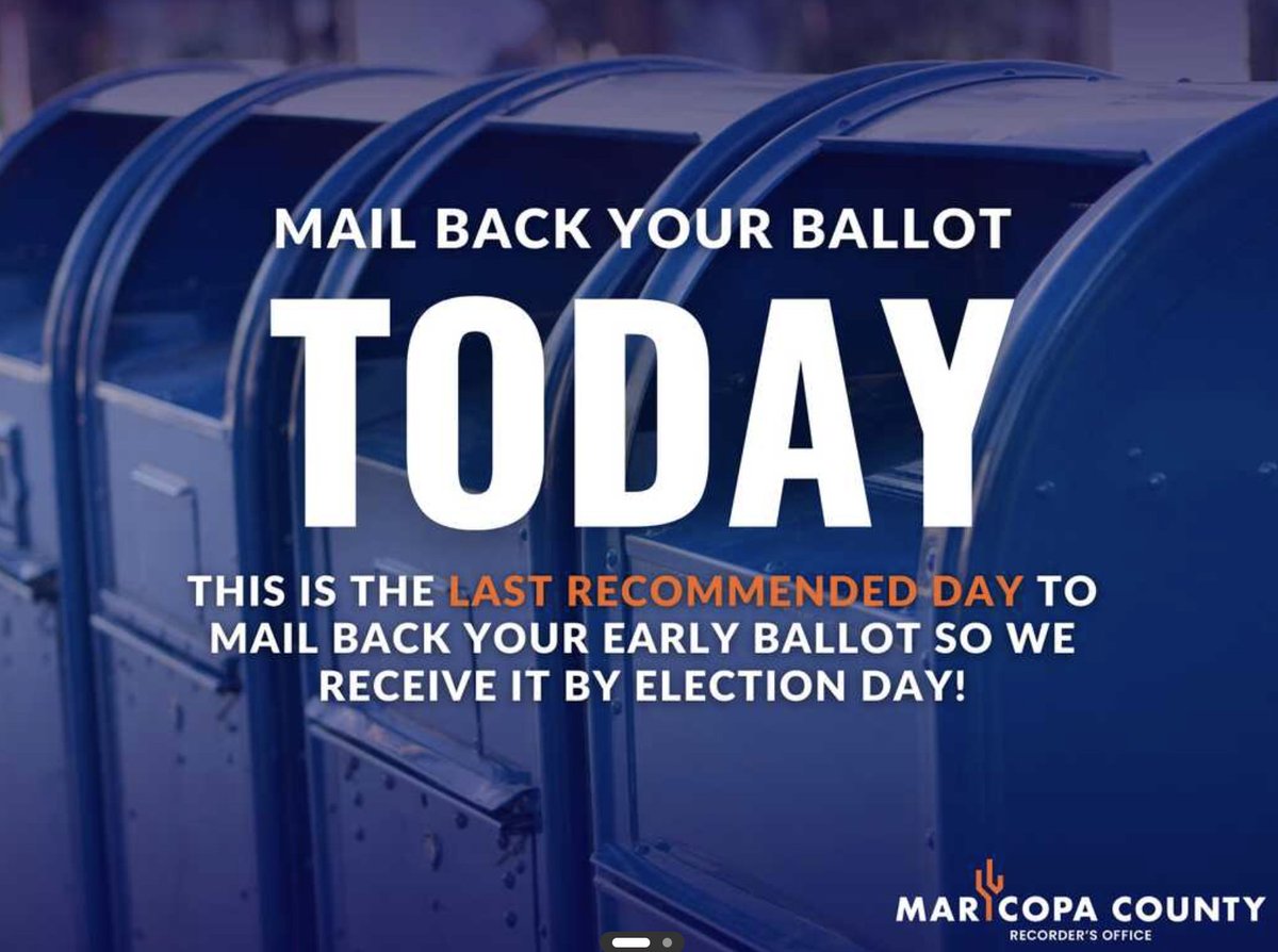 Last Day to Mail Your Ballots

Today is the last day Maricopa County recommends mailing back your early ballot.

mailchi.mp/tammycaputi/la…