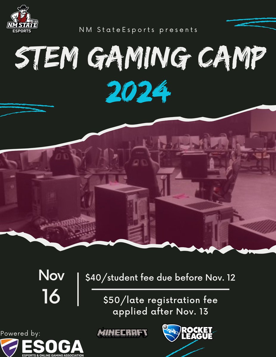 Reminder to all middle and high school gamers in the #LasCruces area! 📢

NM State Esports will be having a Morning and Afternoon Esports STEM Camp on November 16th!

Make sure to register while you still can: nmstateesports.square.site/s/shop