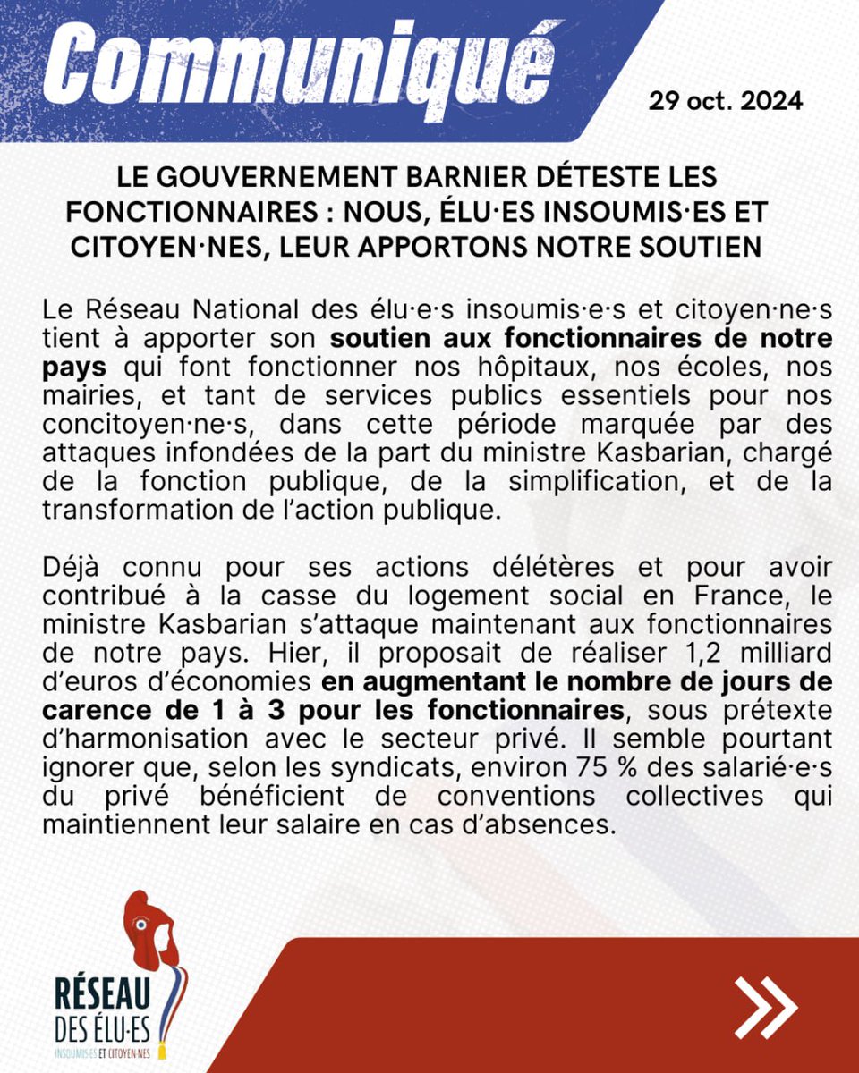 REIC_LFI's tweet photo. Les @ElusLFICitoyens apportent leur soutien aux #fonctionnaires de notre pays qui font fonctionner nos hôpitaux, écoles, mairies, et tant de services publics essentiels, dans cette période marquée par des attaques infondées de la part du ministre #Kasbarian.

Notre communiqué 🔽 https://t.co/FMhTIDsrRZ