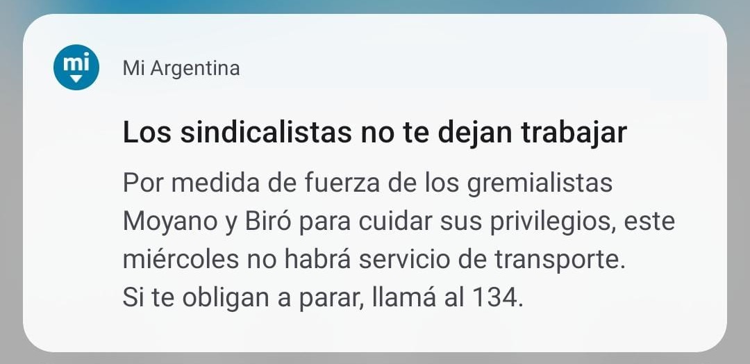 "Mi Argentina":
Por una notificación que recibieron los usuarios de esa aplicación
