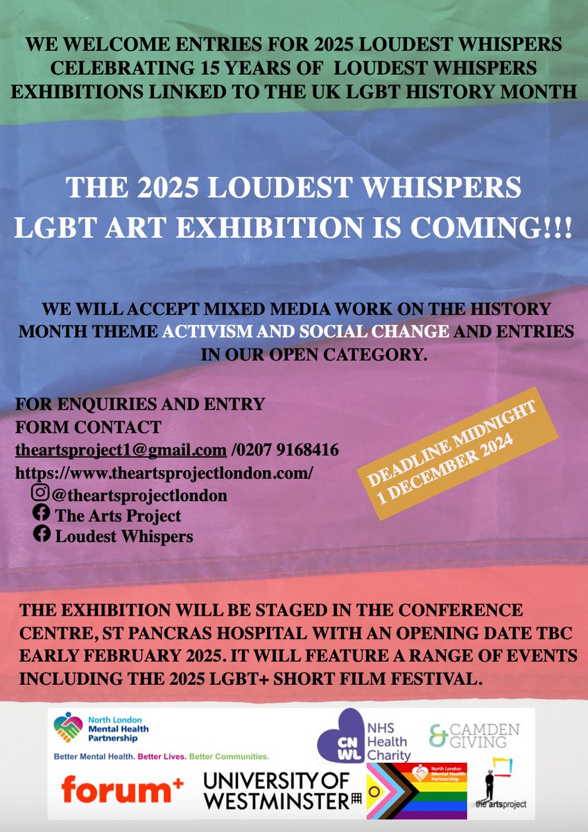 LOUDEST WHISPERS is seeking LGBT artwork for its 2025 exhibition. To apply, see details in the flyer. The deadline for entries is 1 December.