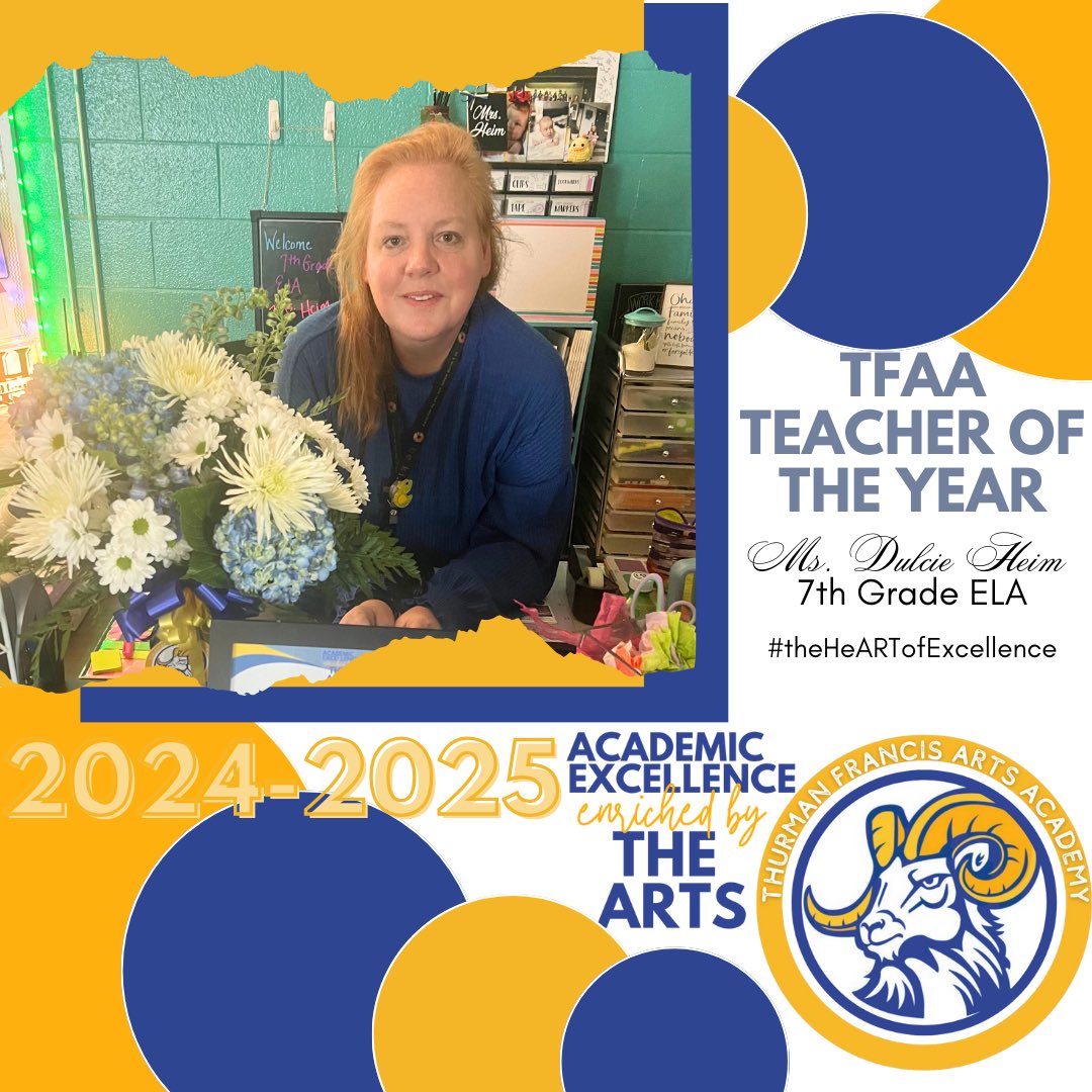 Thurman Francis (@tfaa_rams) on Twitter photo Congrats to Mrs. Heim, our TFAA Teacher of the Year! #theHeARTofExcellence <a href="/DrMarkJGonyea/">๐ป๐ฃ. ๐๐๐ฃ๐ ๐ ๐พ๐ ๐๐ช๐๐</a> <a href="/mrsjgehrke/">Mrs. Janelle Gehrke, Ed. S.</a> <a href="/TFAA_Middle/">TFAA Middle School</a> Congrats to Mrs. Heim, our TFAA Teacher of the Year! #theHeARTofExcellence <a href="/DrMarkJGonyea/">๐ป๐ฃ. ๐๐๐ฃ๐ ๐ ๐พ๐ ๐๐ช๐๐</a> <a href="/mrsjgehrke/">Mrs. Janelle Gehrke, Ed. S.</a> <a href="/TFAA_Middle/">TFAA Middle School</a>