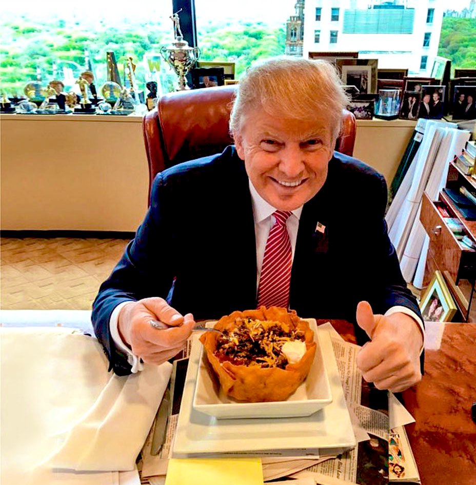 Stephen Simpson ProperGander on X: "Remember when Trump said hateful and  racist comments about Mexicans and then, posted a photo of himself eating a taco  salad at Trump Tower to prove he “